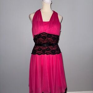 Deb Hot Pink Halter Dress with Black Lace Waistband